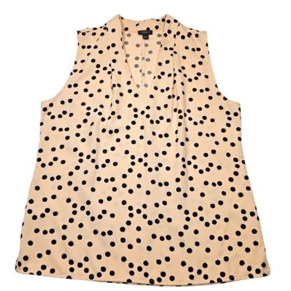 Ann Taylor Sleeveless V-Neck Blouse Pink Black Polka Dot Pleated Top Size L